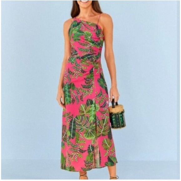 FARM Rio Dresses & Skirts - Farm Rio Pink Tropical Palm Leaf Print Ruched Side Spaghetti Strap Maxi Dress